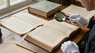 Researcher compares an antique book, manuscript, periodical, and modern edition to trace a work’s history.