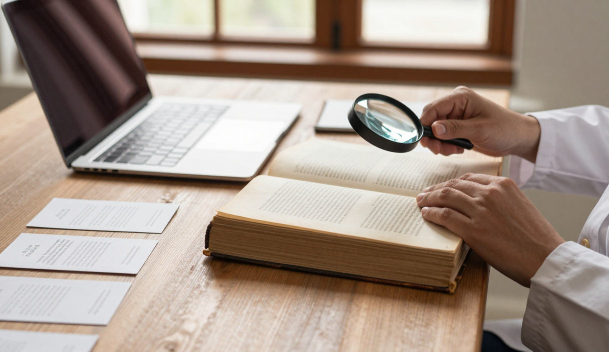 Researcher compares an antique book with a modern edition while checking publication details in a library.