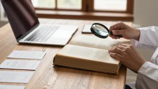 Researcher compares an antique book with a modern edition while checking publication details in a library.