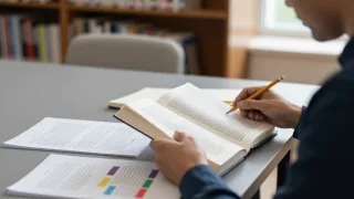 Reader cross-checks an open nonfiction book with source documents at a library table.