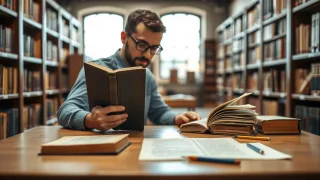 Researcher compares an aged book with a modern edition at a library archive table.