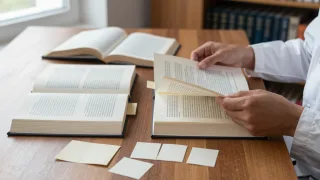 Researcher compares open scholarly books and source materials at a library table.