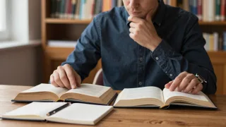 Reader compares an older volume with a newer book at a library table.