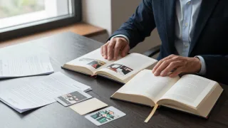 Reader compares two books at a library table, with archival photographs and research materials beside one.
