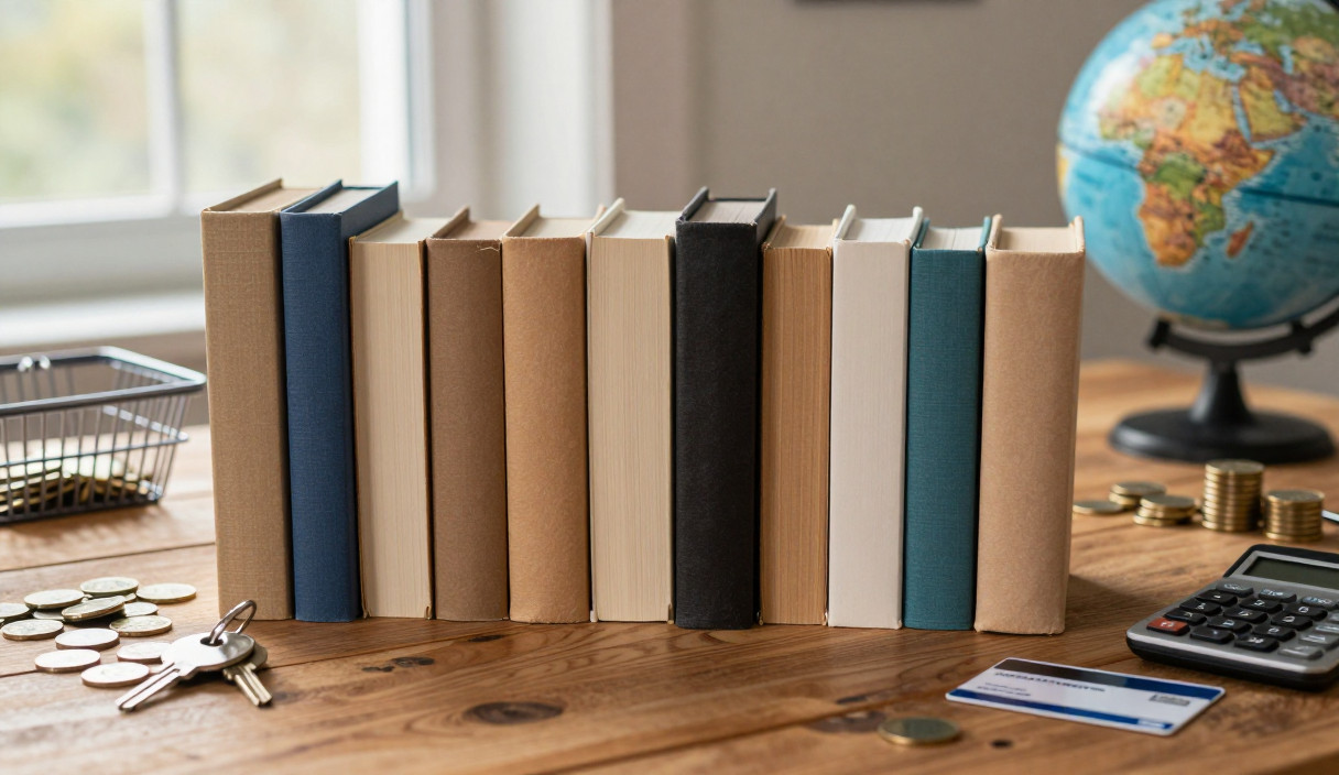 Ten blank books sit among household objects, money, housing keys and a globe on a wooden table.