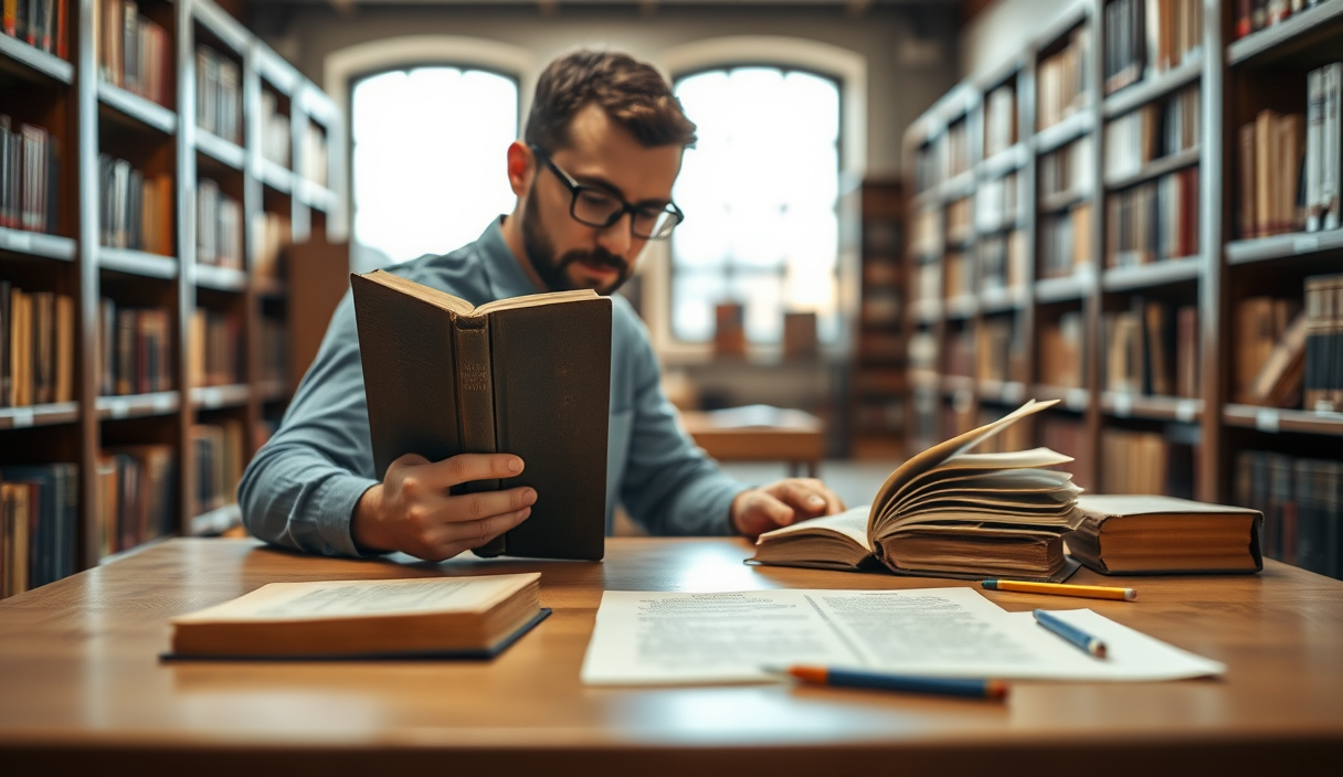 Researcher compares an aged book with a modern edition at a library archive table.