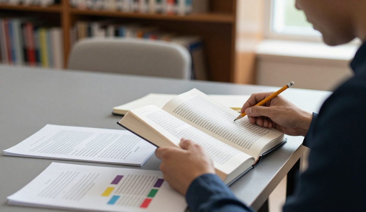 Reader cross-checks an open nonfiction book with source documents at a library table.
