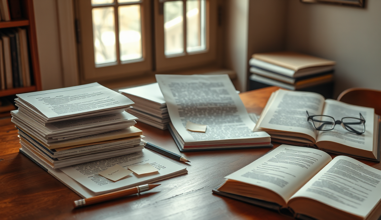 Layered manuscript drafts, editing tools, and an unmarked book arranged on a literary editor’s desk.