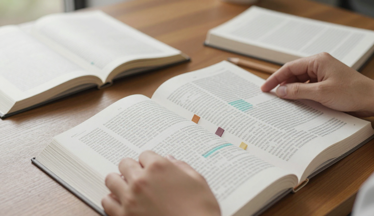 A reader compares two open editions side by side, using colored tabs to track differences between passages.