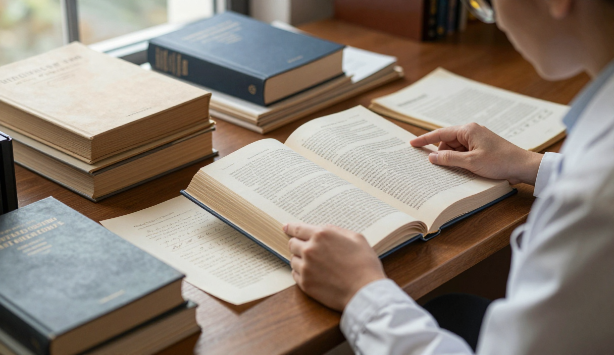 Researcher compares a history book’s notes with archival documents and other scholarly volumes at a library desk.