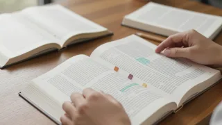 A reader compares two open editions side by side, using colored tabs to track differences between passages.