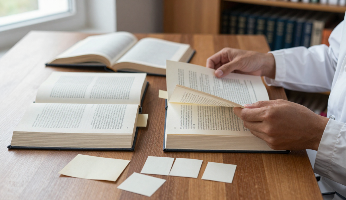 Researcher compares open scholarly books and source materials at a library table.