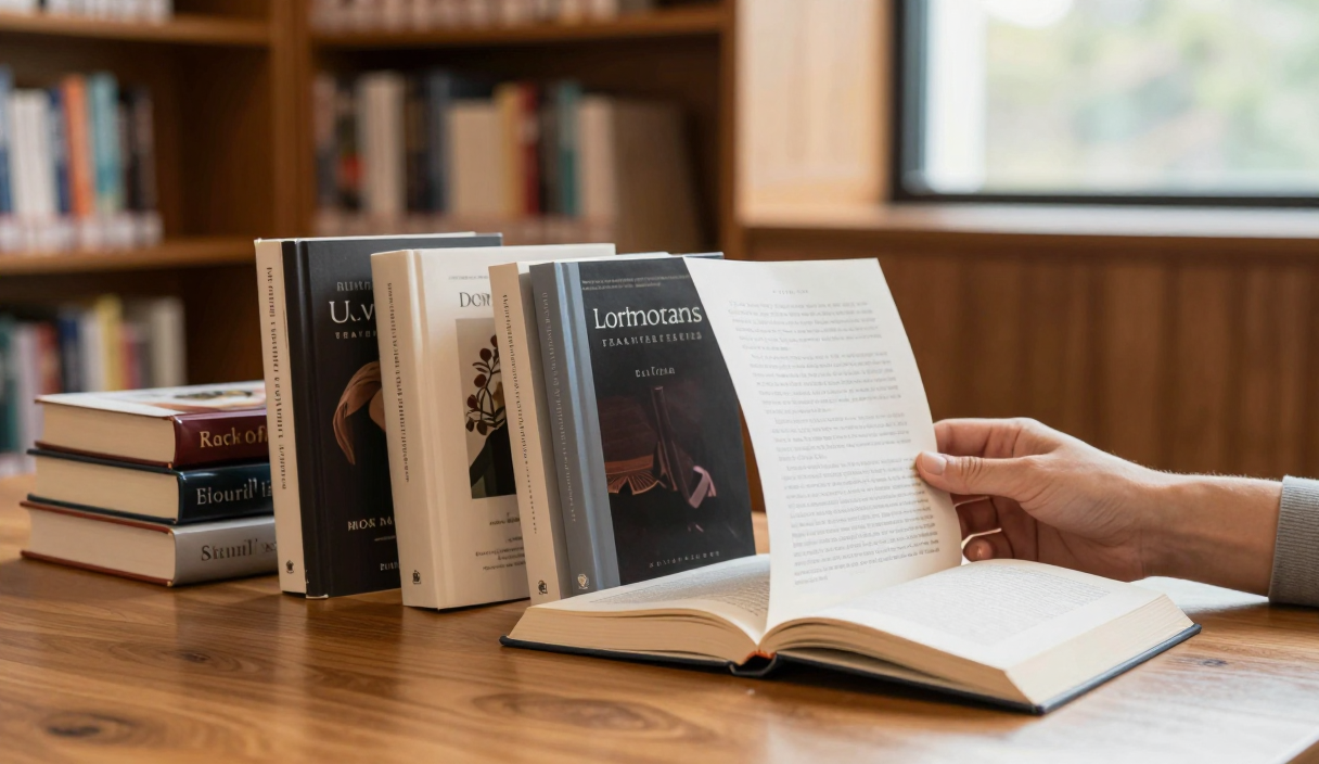 Reader arranges a group of related hardcover books in sequence on a library table.
