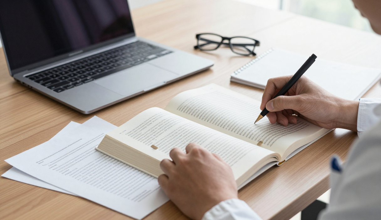 Researcher compares an open book with source papers to assess whether its citations support key claims.