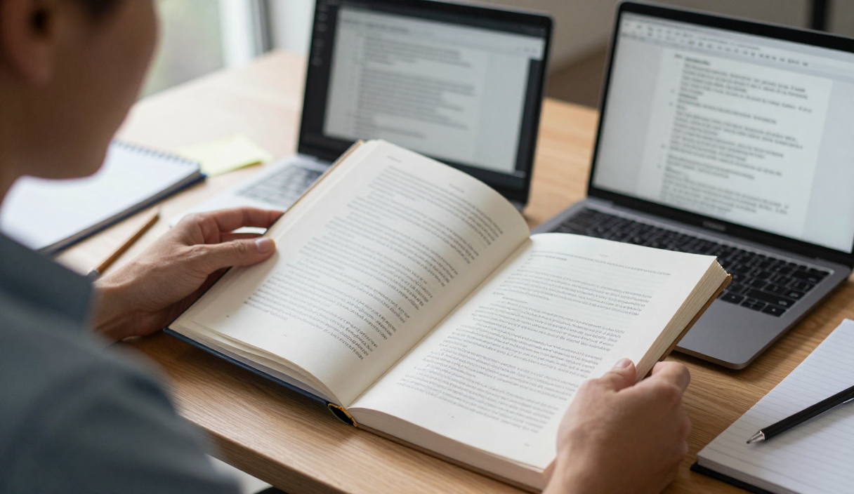 Researcher compares open book editions and publishing records for clues about authorship and collaboration.