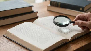 Reader examines an open book’s copyright page with a magnifying glass on a library table.