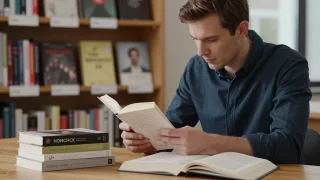Reader compares differently styled books while examining an open volume in a quiet library.