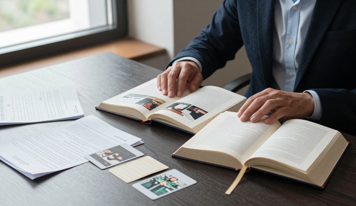 Reader compares two books at a library table, with archival photographs and research materials beside one.